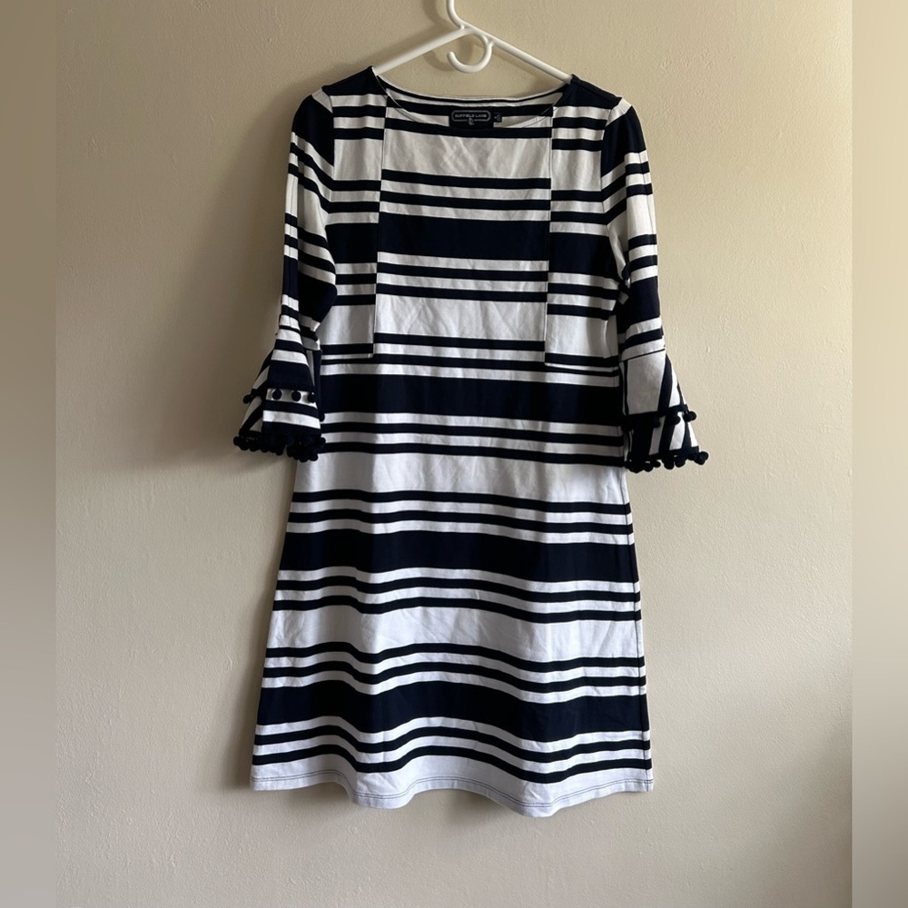 Duffield Lane Navy and White Stripe Dress Pom Detail Size Small
